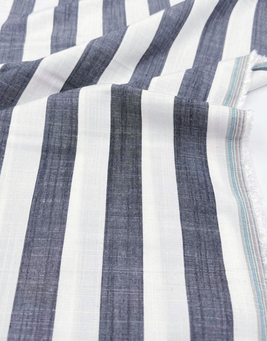 Wide Stripe Dark Navy Yarn Dyed Viscose Fabric