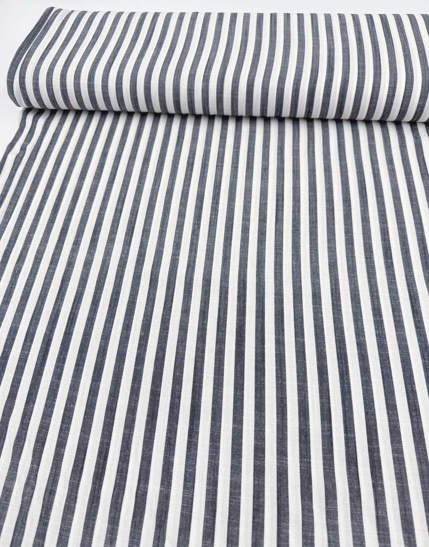 Thin Stripe Dark Navy Yarn Dyed Viscose Fabric