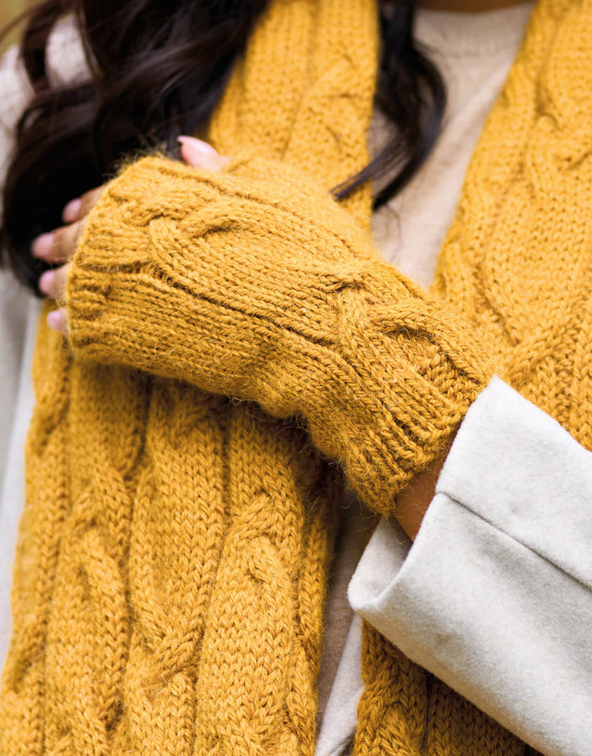 Irene Cable Knit Hat, Scarf & Mittens Set Knitting Pattern, West Yorkshire Spinners