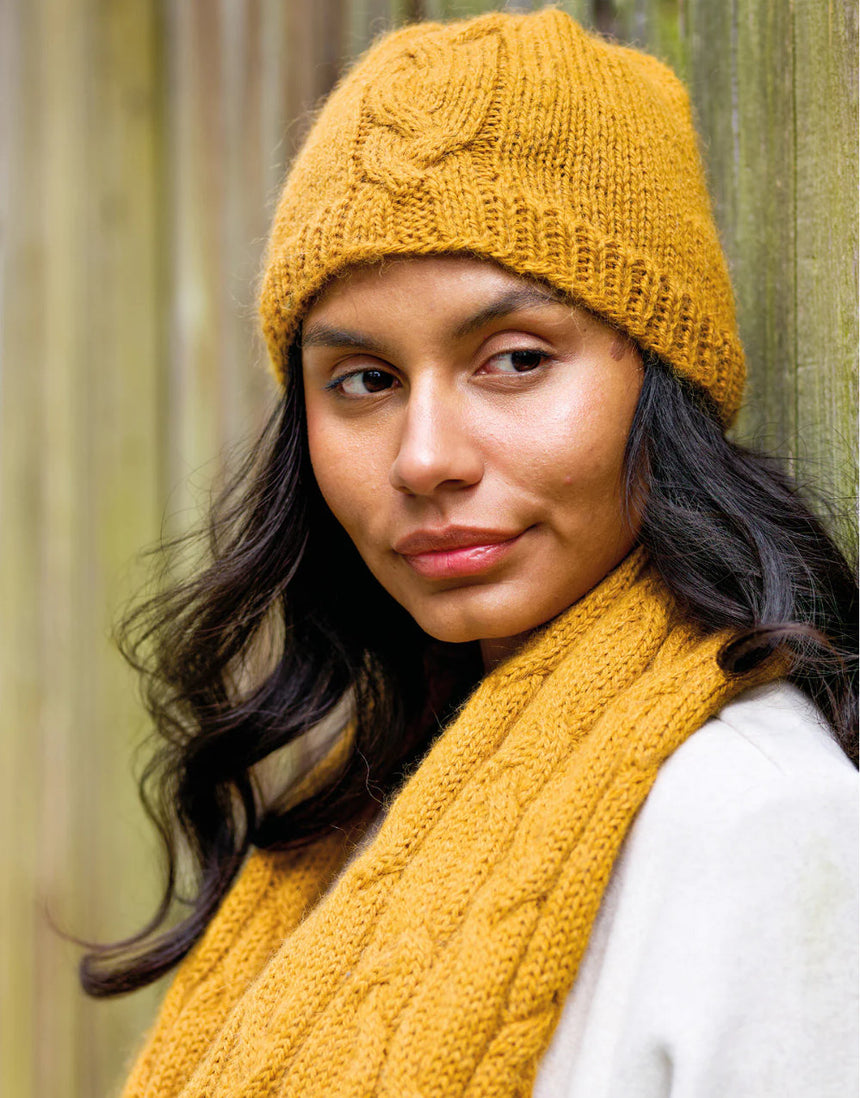 Irene Cable Knit Hat, Scarf & Mittens Set Knitting Pattern, West Yorkshire Spinners
