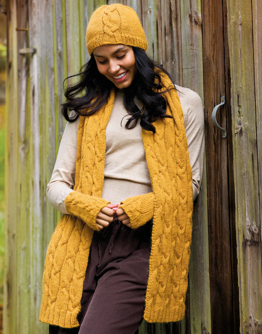 Irene Cable Knit Hat, Scarf & Mittens Set Knitting Pattern, West Yorkshire Spinners