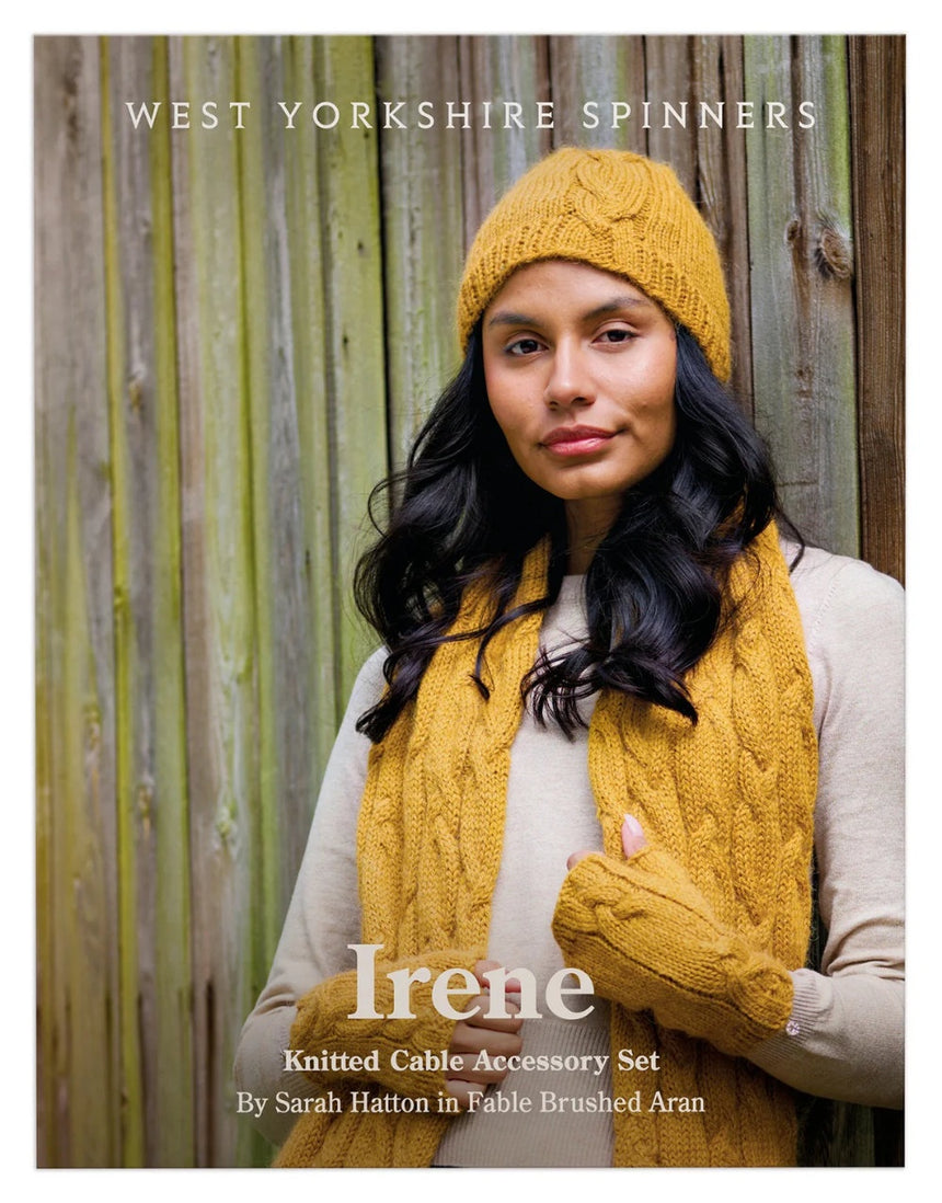 Irene Cable Knit Hat, Scarf & Mittens Set Knitting Pattern, West Yorkshire Spinners