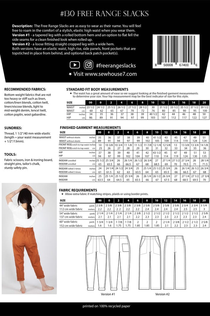 Sew House Seven Trousers & Shorts Free-Range Slacks Sewing Pattern, Sew House Seven 850008674006 850008674006