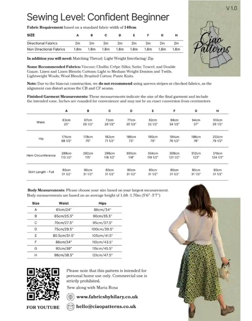 Lucia Skirt Paper Sewing Pattern, Ciao Patterns
