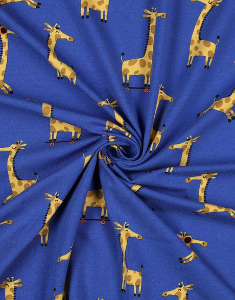 Cobalt Blue Giraffes Cotton Jersey Fabric