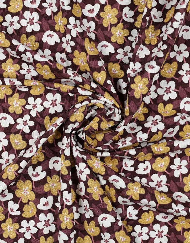 Wine Red Glitter Flower Cotton Jersey Fabric