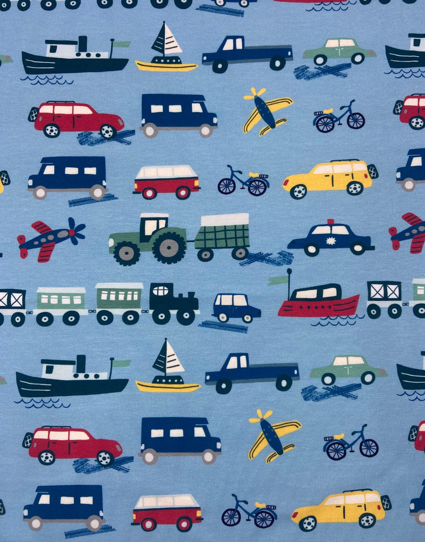 Planes, Trains & Automobiles Cotton Jersey Fabric