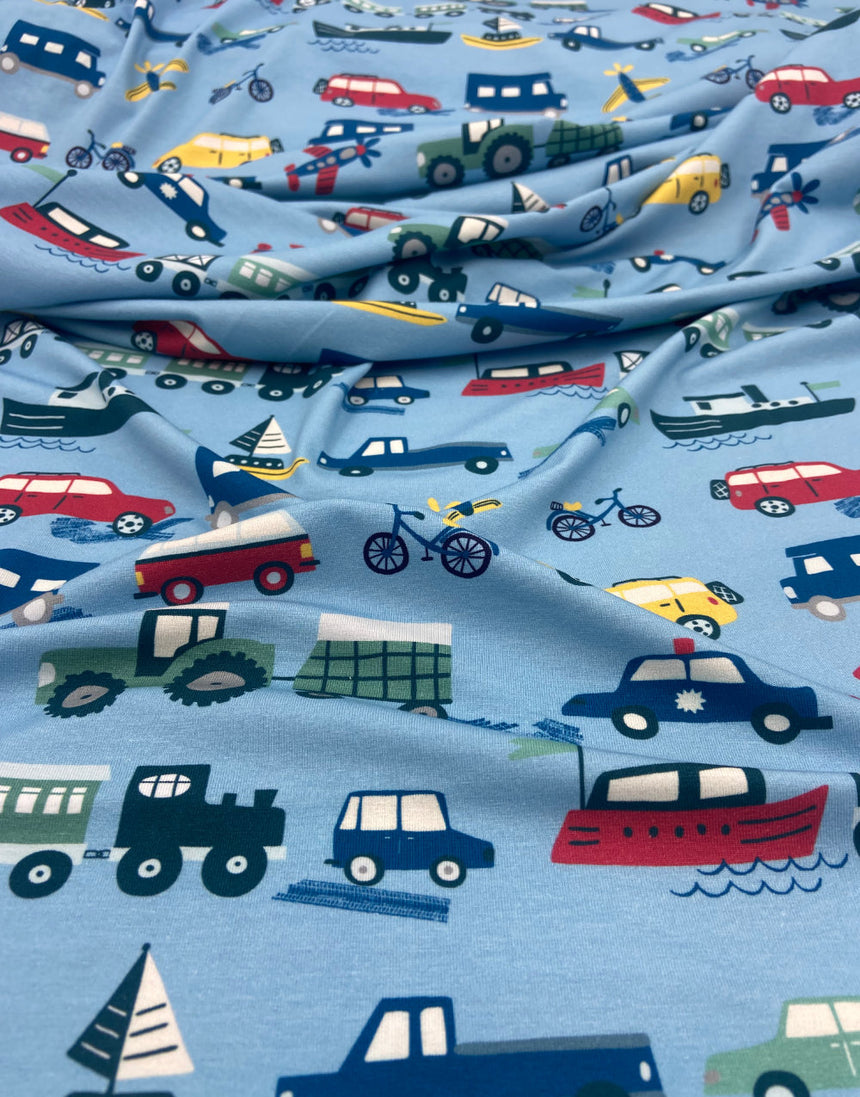 Planes, Trains & Automobiles Cotton Jersey Fabric