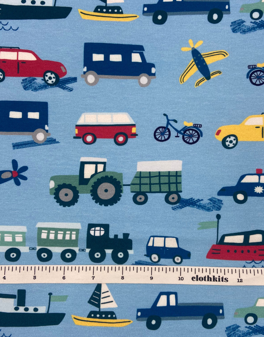 Planes, Trains & Automobiles Cotton Jersey Fabric
