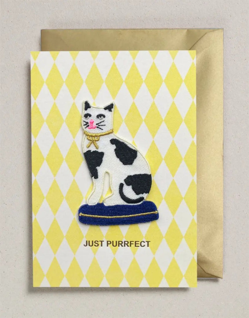 Cat with Bow Just Purrfect Iron on Patch Greeting Card, Petra Boase