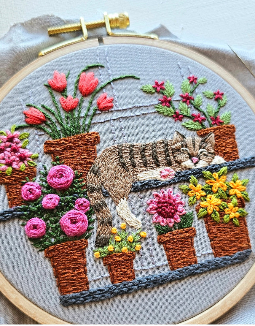 Catnap with Flowers Embroidery Kit, Jessica Long Embroidery