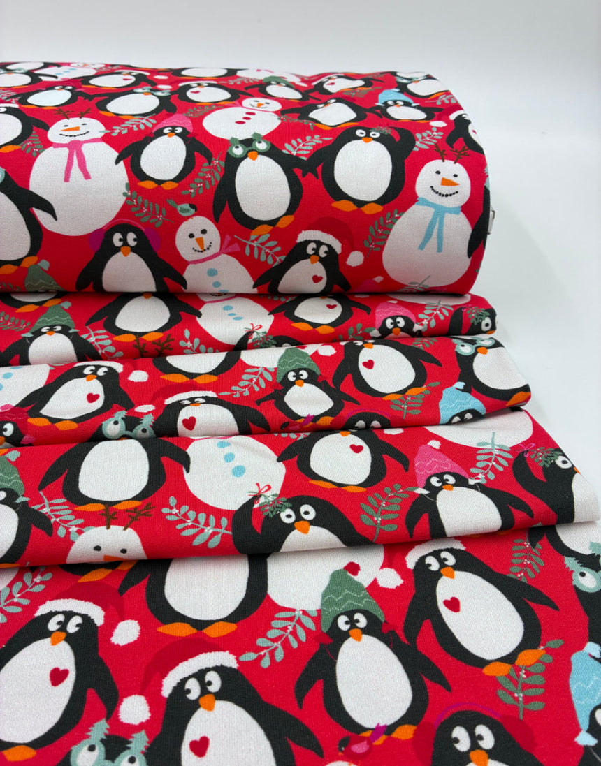 Christmas Penguin Party French Terry Fabric - Red