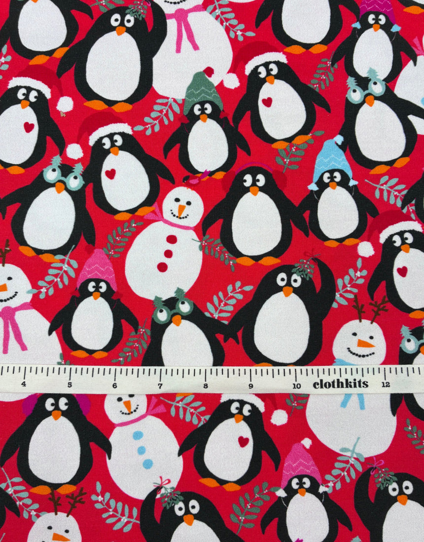 Christmas Penguin Party French Terry Fabric - Red
