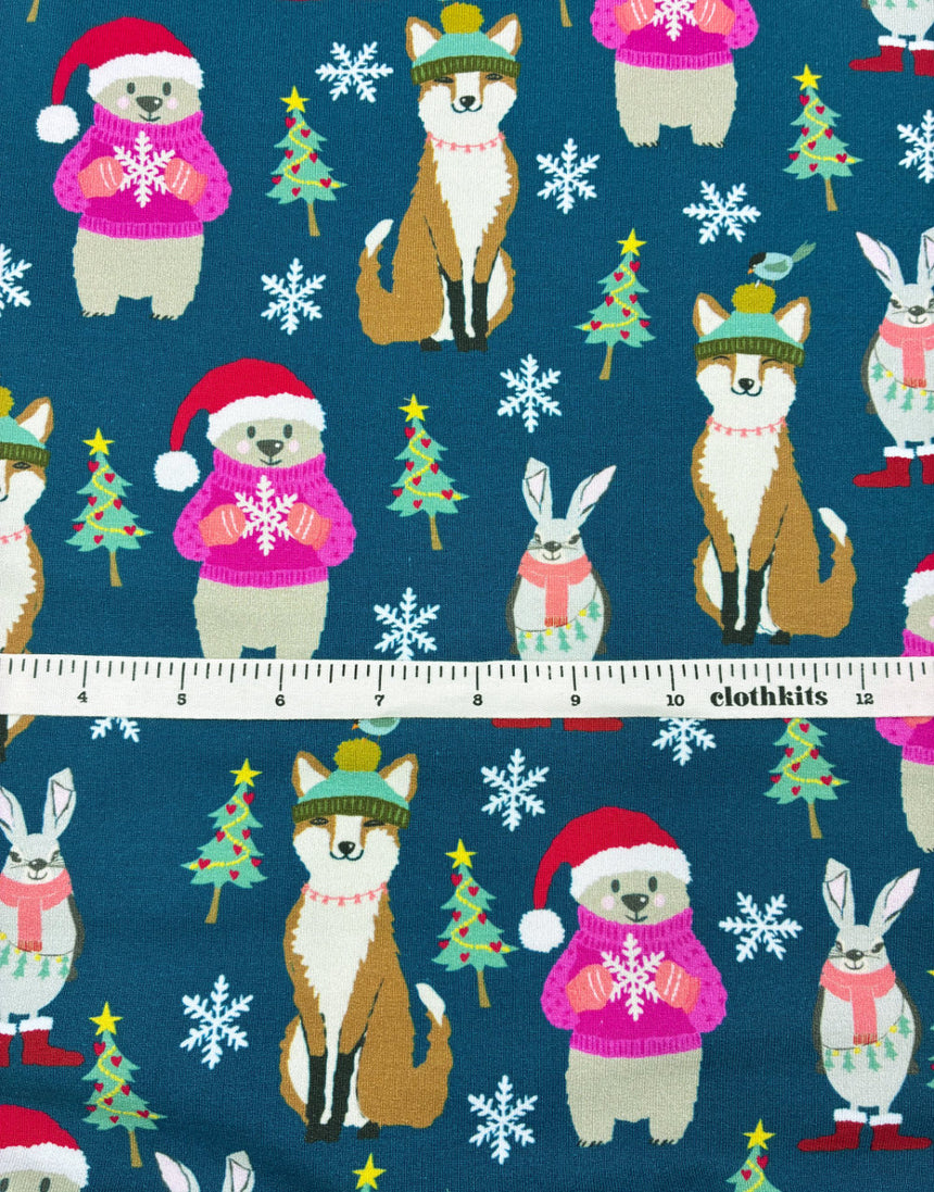Christmas Woodland Friends French Terry Fabric - Teal