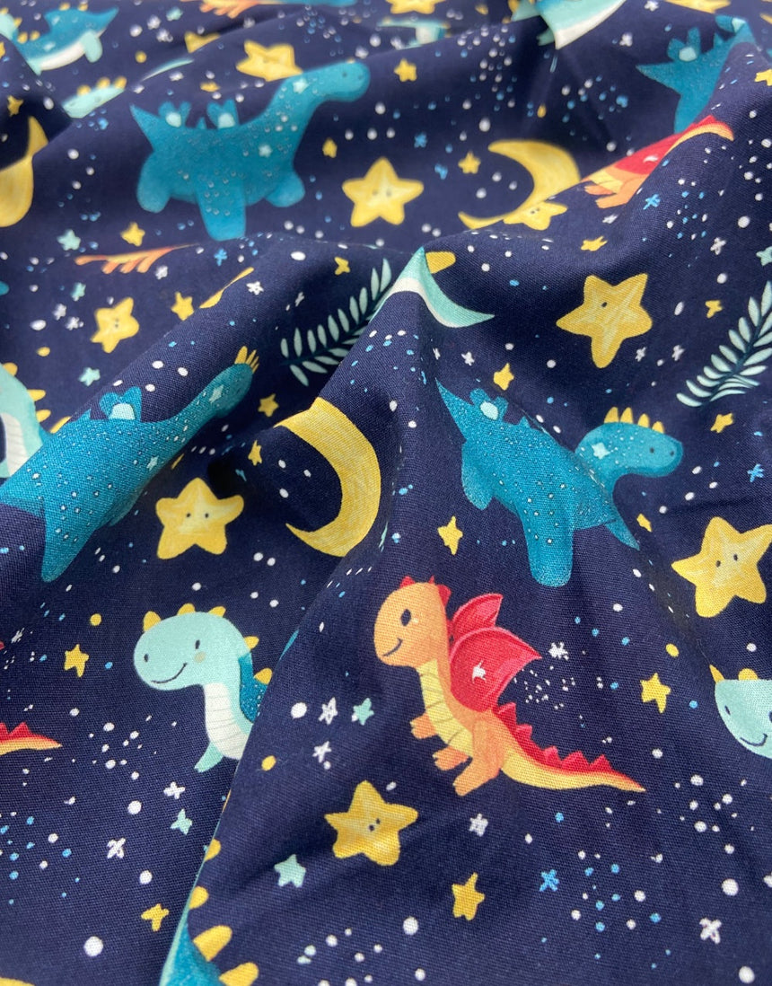 Remnant 1m - Midnight Dino Dream Cotton Poplin Fabric