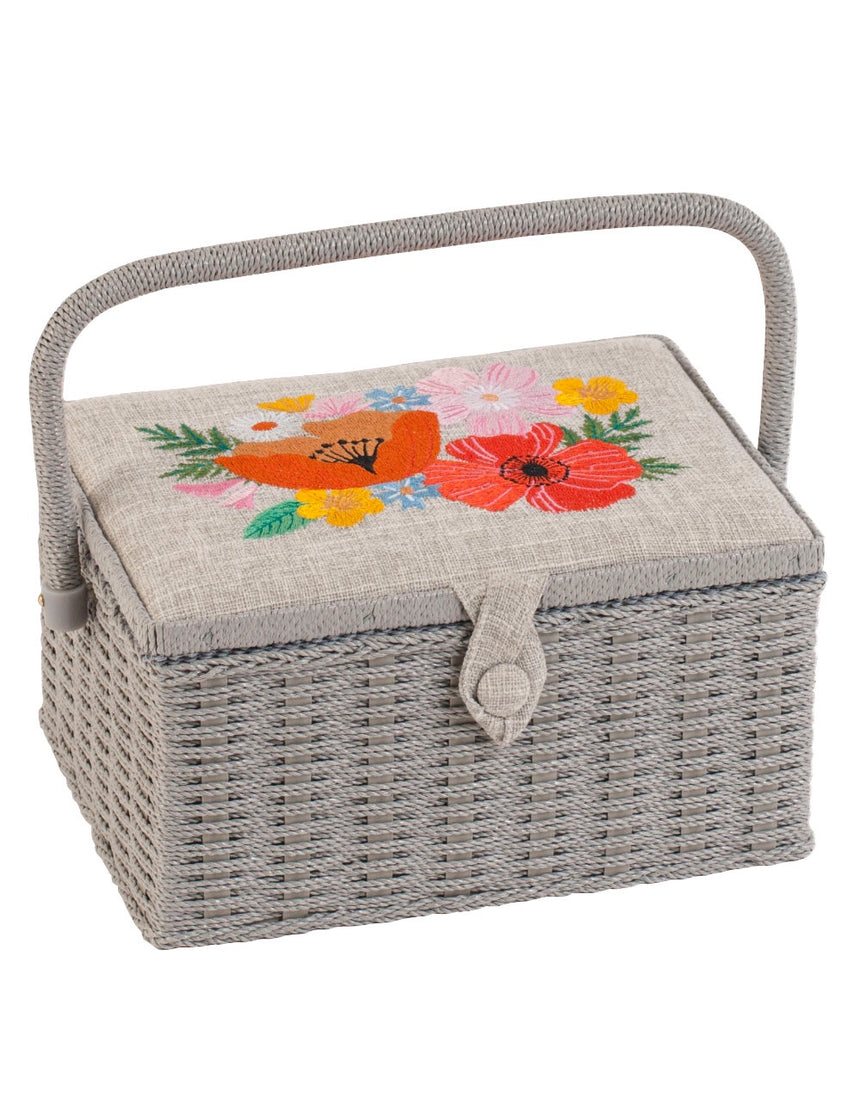 Wildflowers Embroidered Lid, Medium Sized Wicker-Style Sewing Box, Hobby Gift