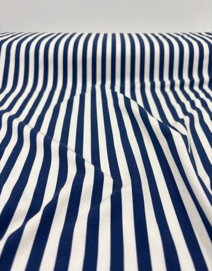 Navy & White Stripe Cotton Jersey Fabric