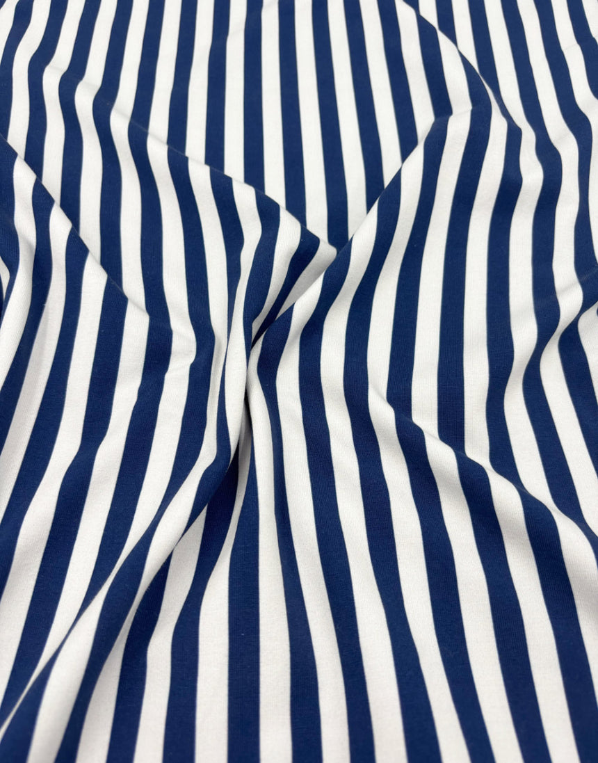 Navy & White Stripe Cotton Jersey Fabric