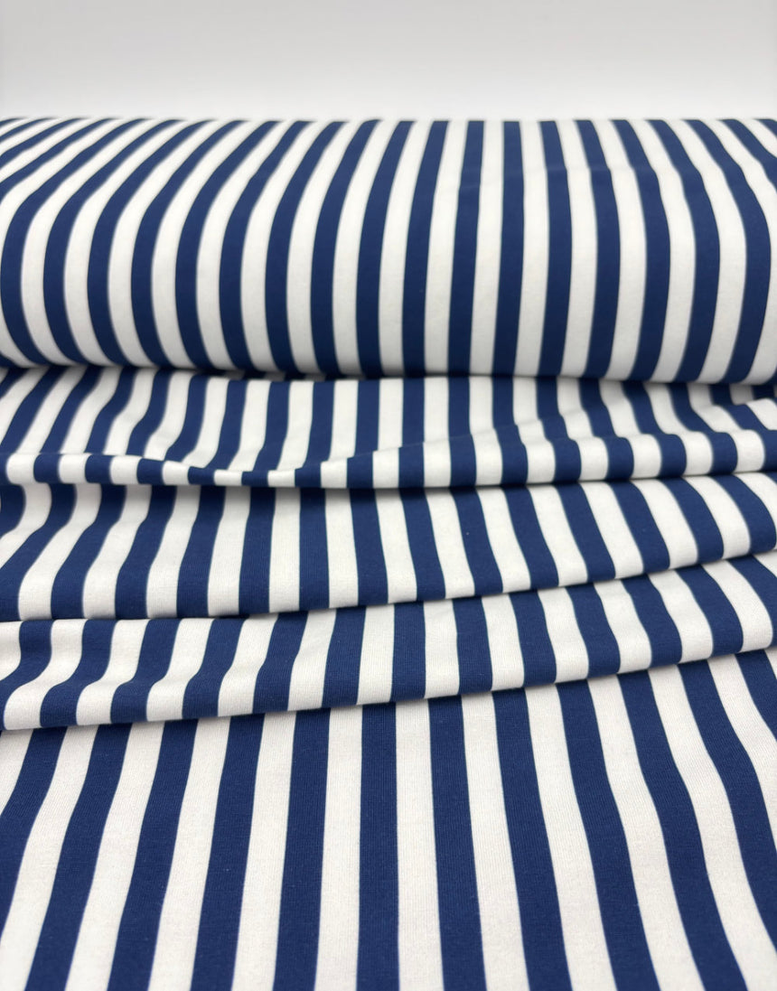 Navy & White Stripe Cotton Jersey Fabric