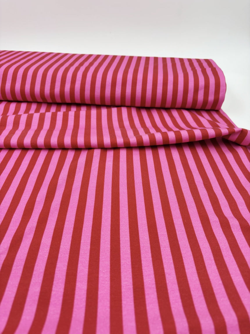 Red & Pink Stripe Cotton Jersey Fabric