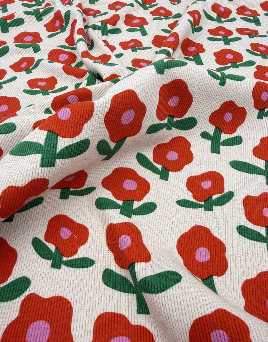 Red Poppy Organic Rib Jersey Fabric, Jennifer Bouron