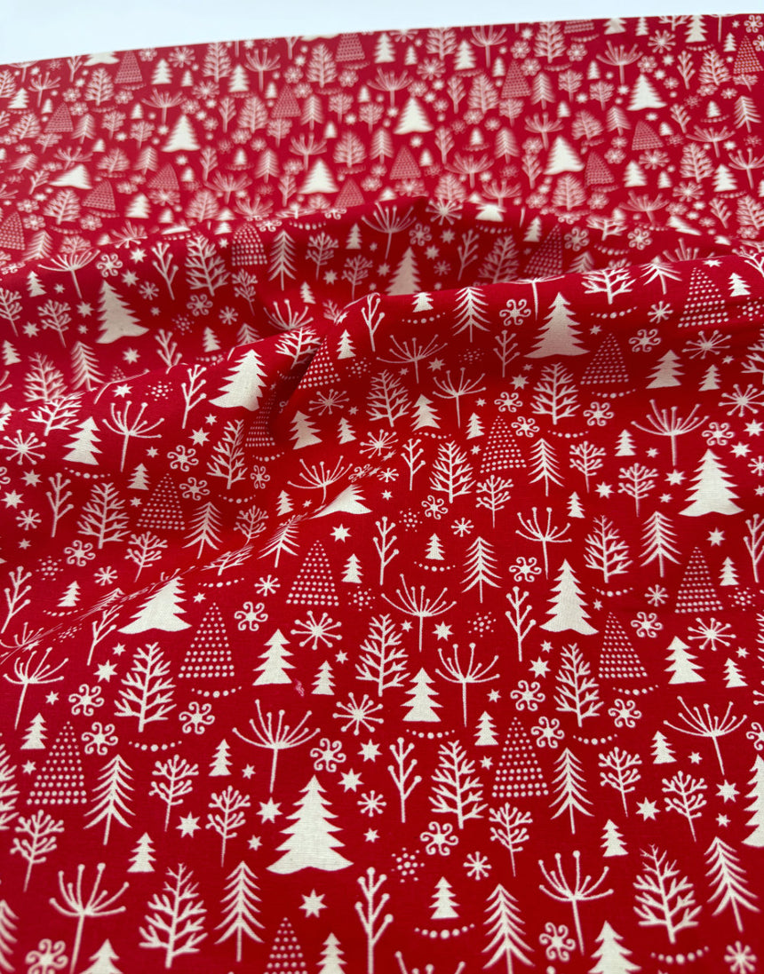 Scandi Christmas Trees Red Cotton Fabric