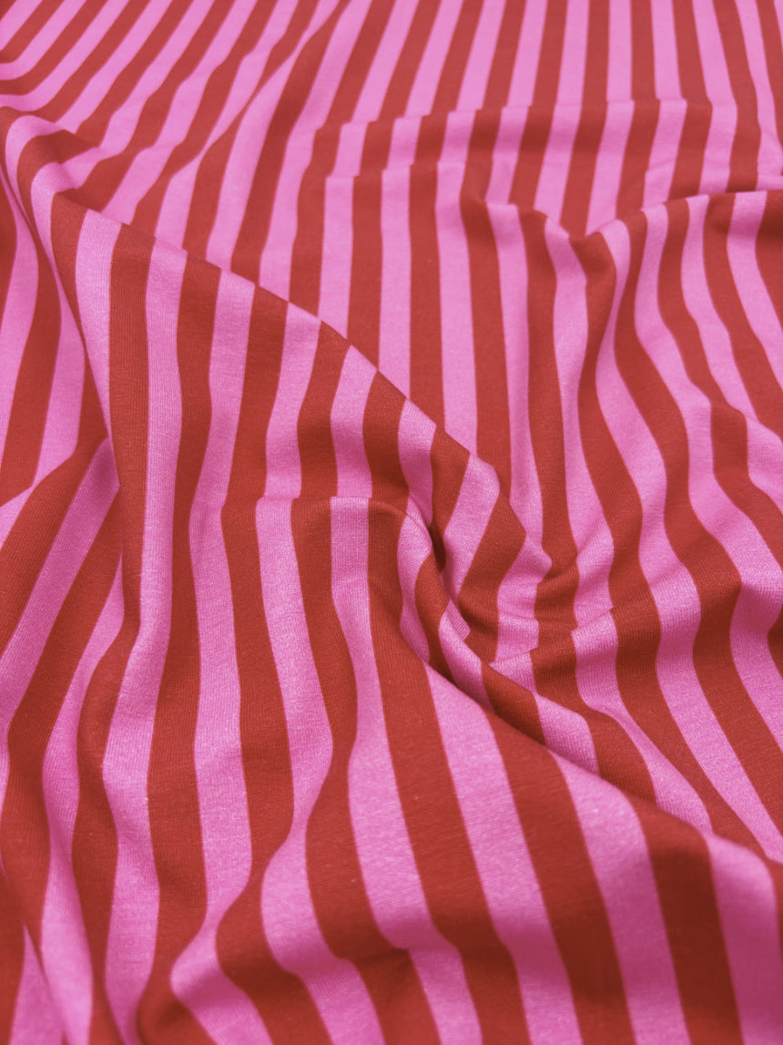 Red & Pink Stripe Cotton Jersey Fabric