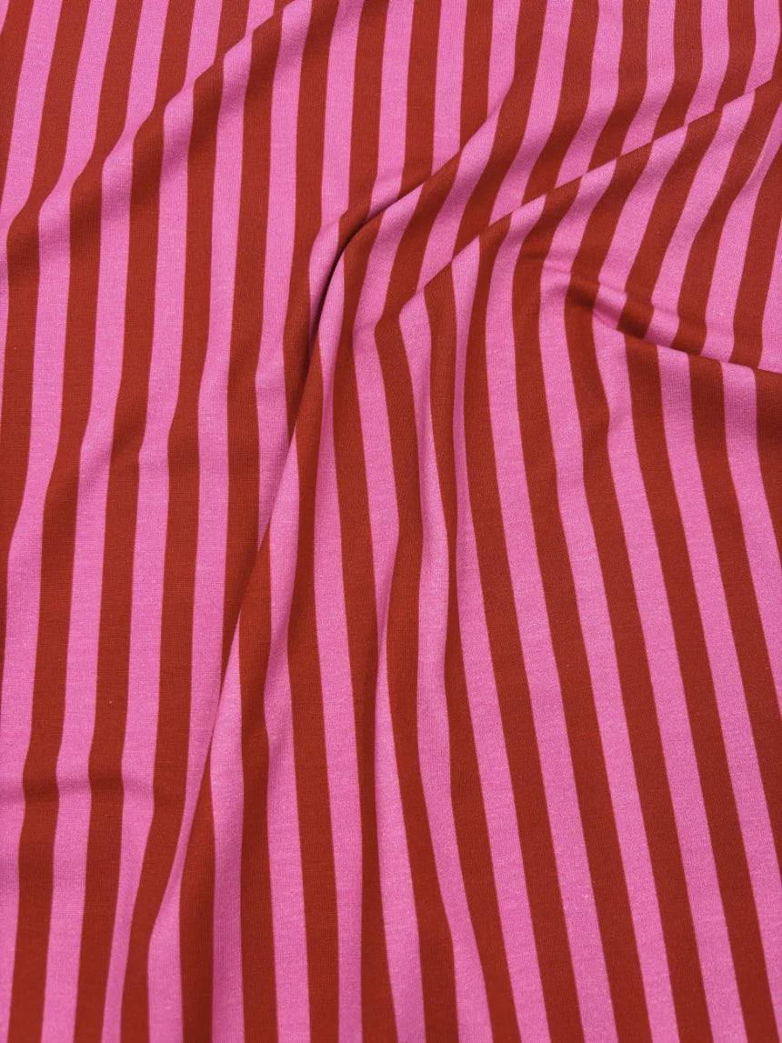 Remnant 1m -Red & Pink Stripe Cotton Jersey Fabric