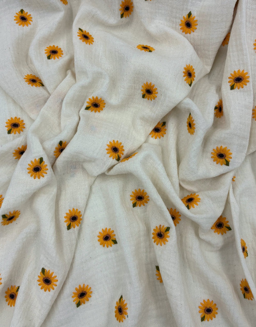 Sunflower Sprinkle Embroidered Double Gauze Cotton Fabric