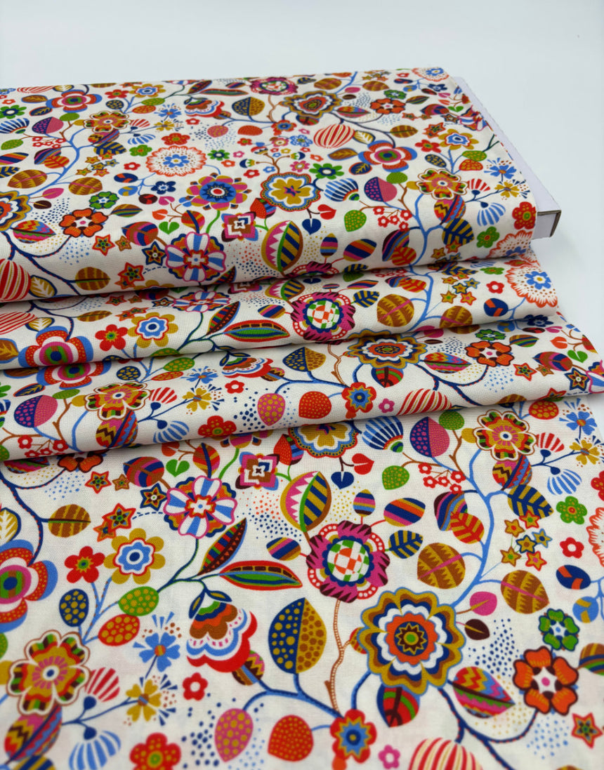 Ecru Tree Flower Quilting Cotton Fabric, Primavera by Sholto Drumlanrig Thread & Ink Studio