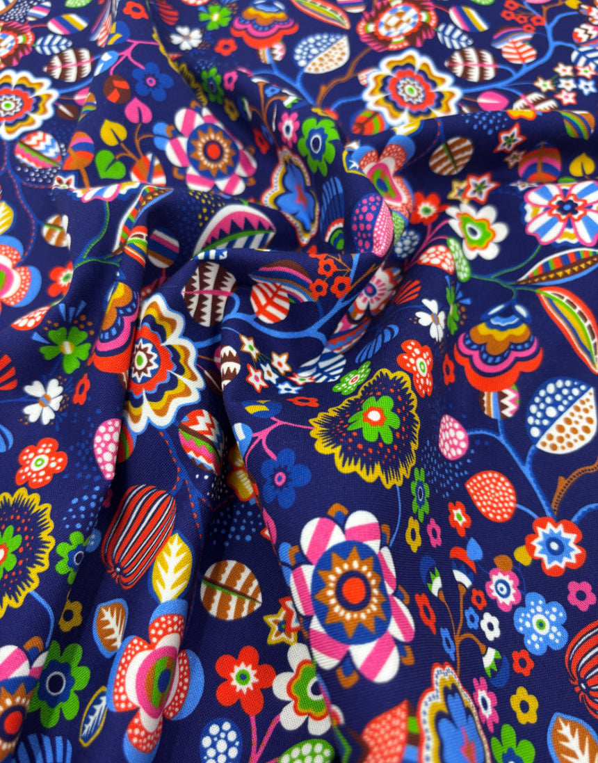 Navy Tree Flower Quilting Cotton Fabric, Primavera by Sholto Drumlanrig Thread & Ink Studio