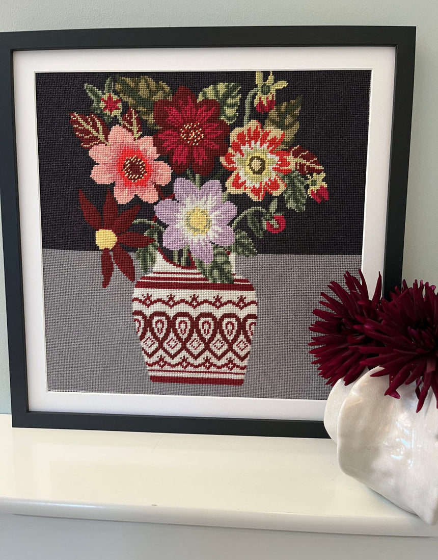 Burgundy Dahlia Tapestry Printed Canvas Kit, Vanessa Bowman
