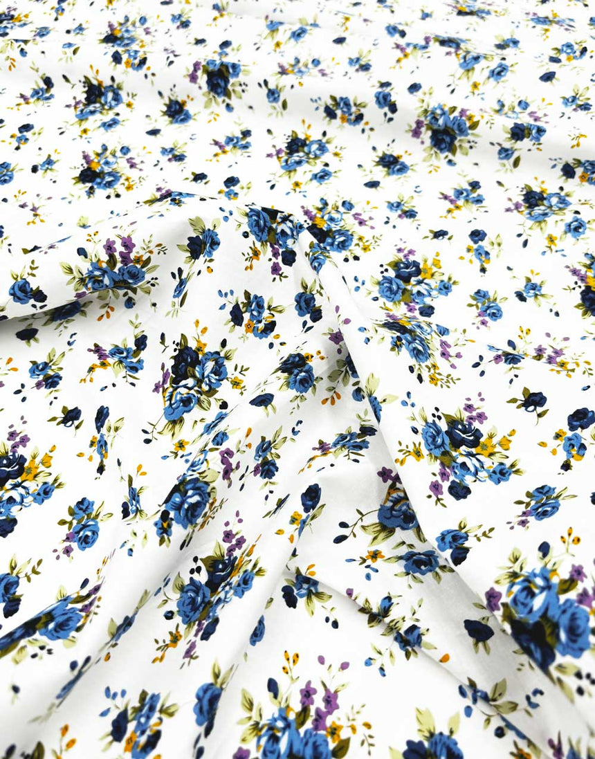 Pretty Blue Floral Bouquet Cotton Lawn Fabric