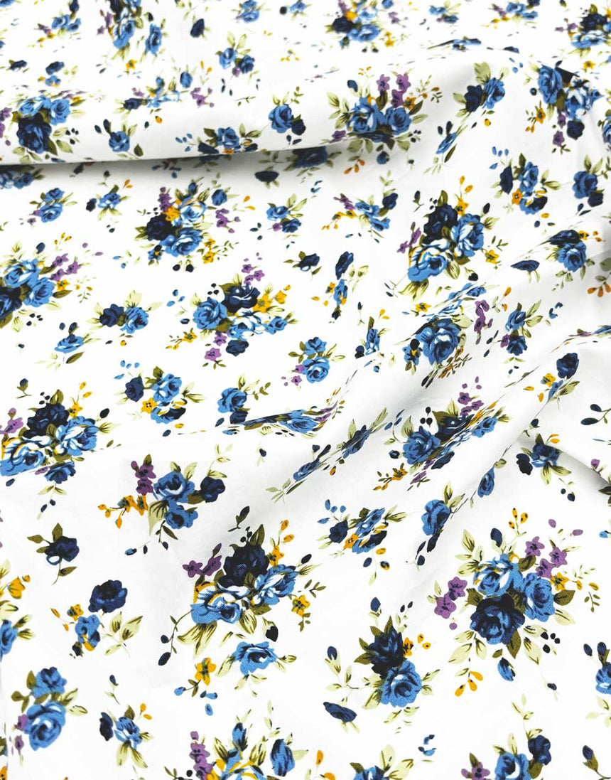 Pretty Blue Floral Bouquet Cotton Lawn Fabric