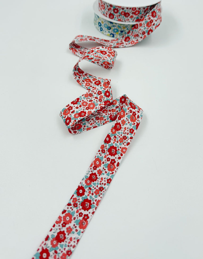 Red Blossom Floral Cotton Bias Binding, 25mm