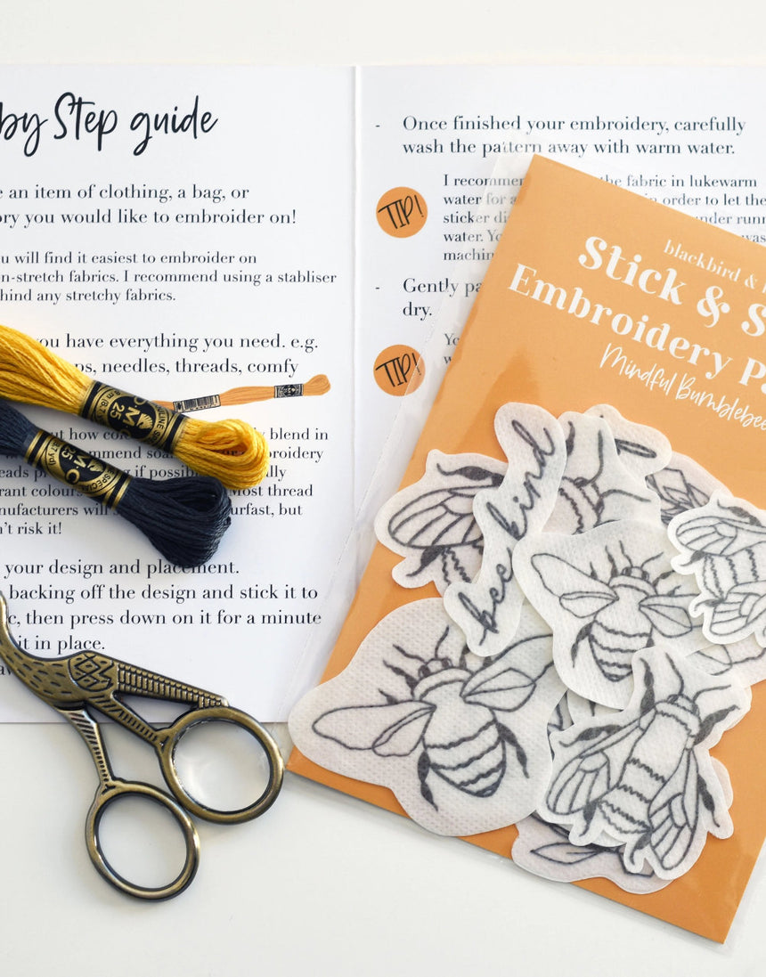 The Mindful Bumblebee Stick & Stitch Embroidery Patterns, Blackbird & Bloom