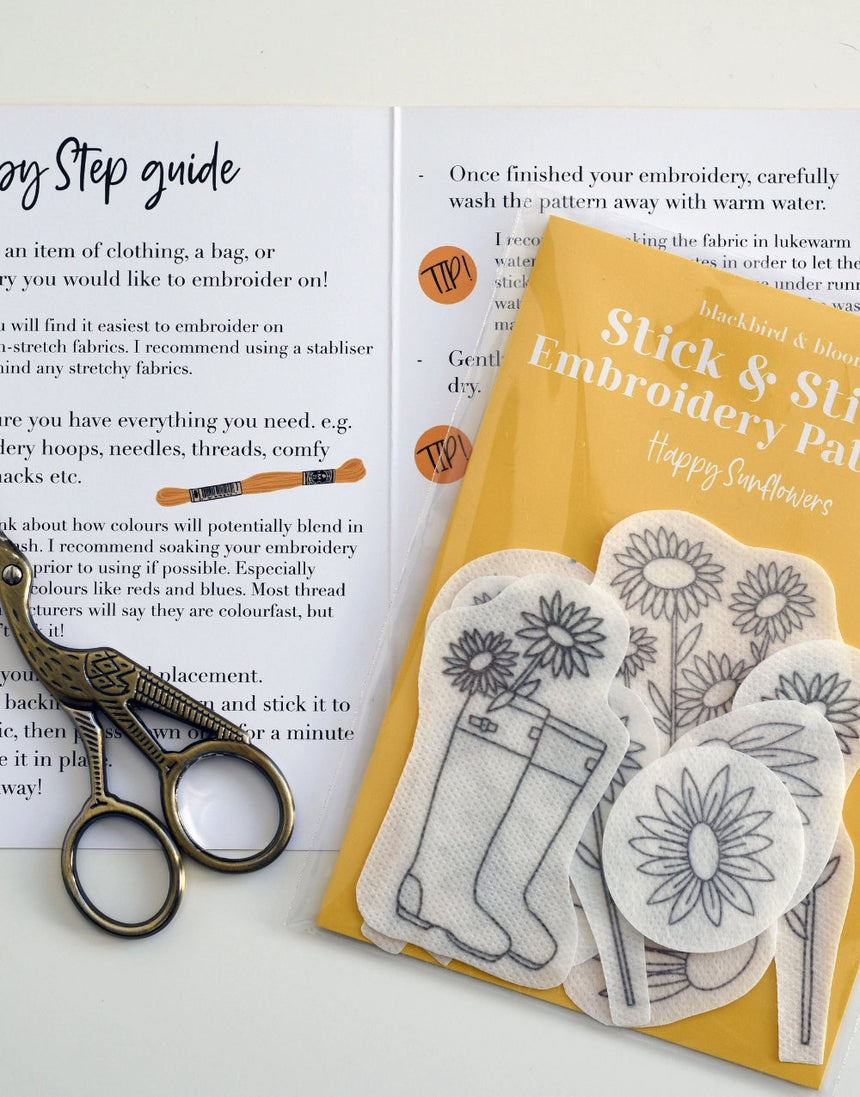 Happy Sunflowers Stick & Stitch Embroidery Patterns, Blackbird & Bloom