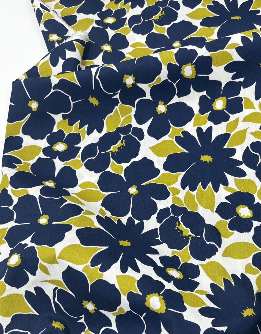 Remnant 1.5m - Navy Bold Flower Print Cotton Poplin Fabric