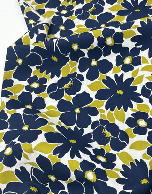 Remnant 1.5m - Navy Bold Flower Print Cotton Poplin Fabric