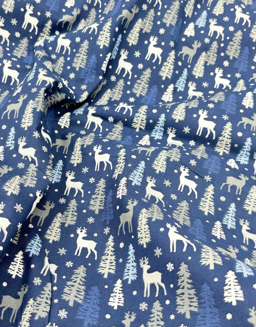 Blue & Silver Foiled Reindeer Christmas Cotton Poplin Fabric