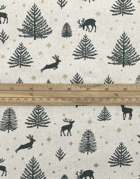 Not Specified Christmas Fabric Green Reindeers & Trees with Metallic Gold Stars Christmas Fabric 15536