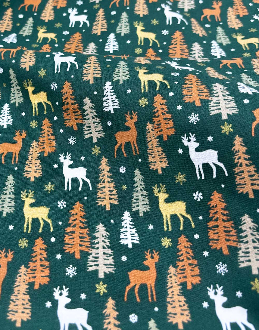 Green & Gold Foiled Reindeer Christmas Cotton Poplin Fabric