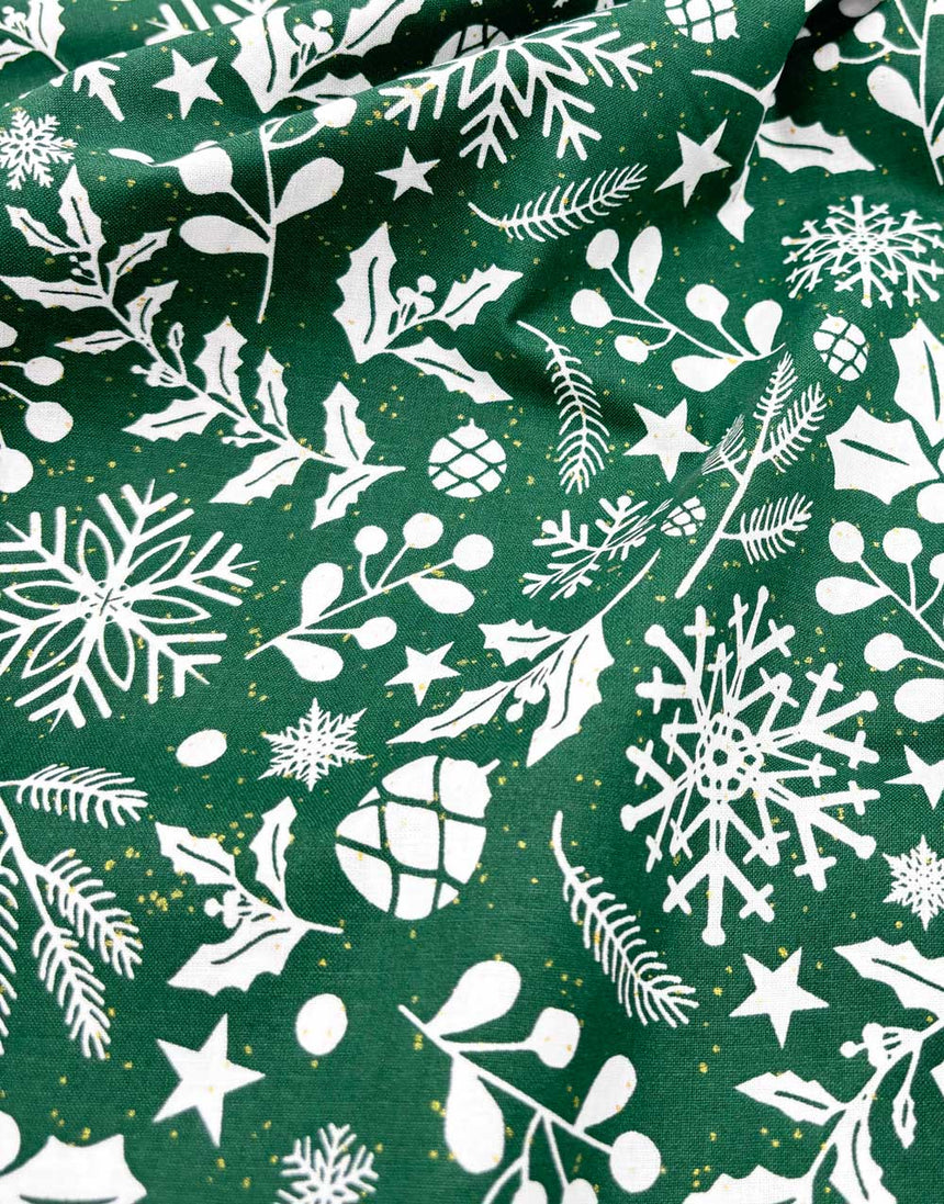 Green & White Holly Foiled Christmas Cotton Poplin Fabric