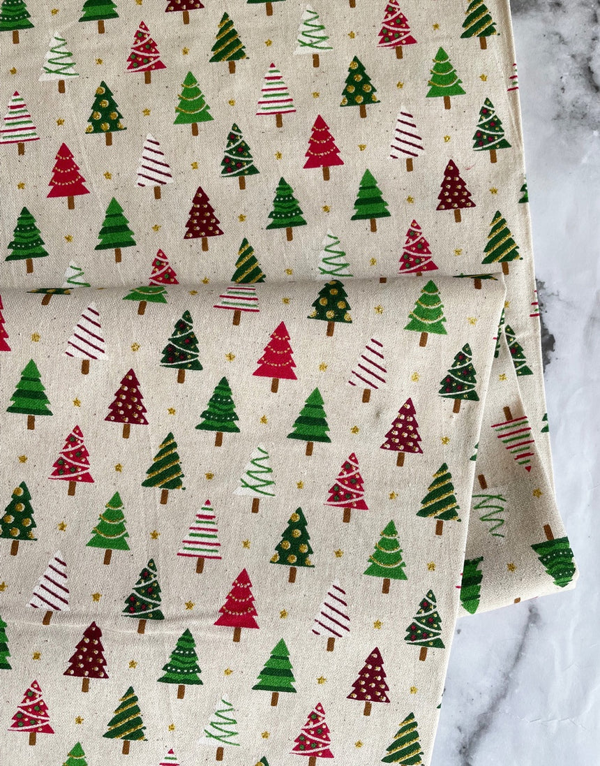 Red & Green Christmas Trees Gold Glitter Natural Cotton, Christmas Fabric