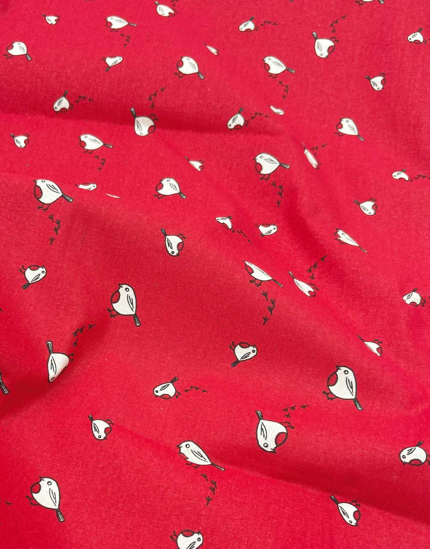 Christmas Robins on Red Christmas Fabric