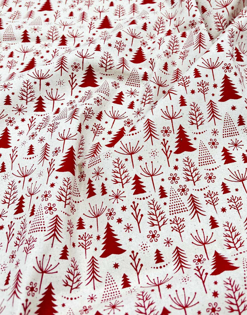 Nordic Red Christmas Trees on Natural Christmas Fabric