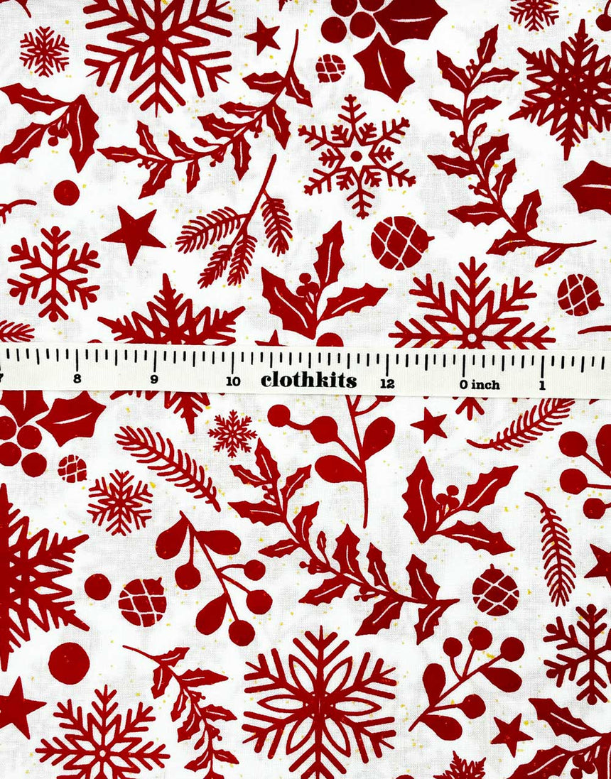 White & Red Holly Foiled Christmas Cotton Poplin Fabric