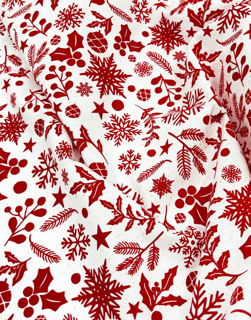 White & Red Holly Foiled Christmas Cotton Poplin Fabric