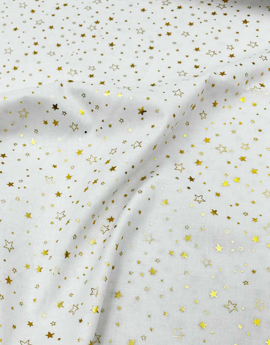 White & Gold Foil Stars Christmas Cotton Poplin Fabric