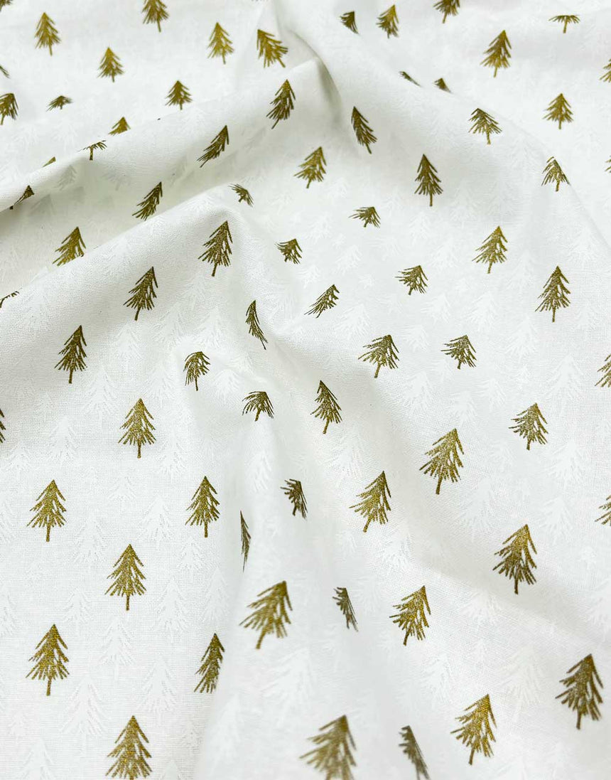 Christmas Fir Trees Metallic Gold and White Christmas Fabric